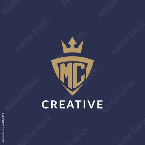 MC logo with shield and crown, monogram initial logo style