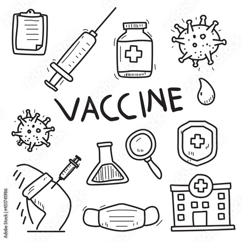 Set of coronavirus vaccine vector in doodle style isolated on white background 
