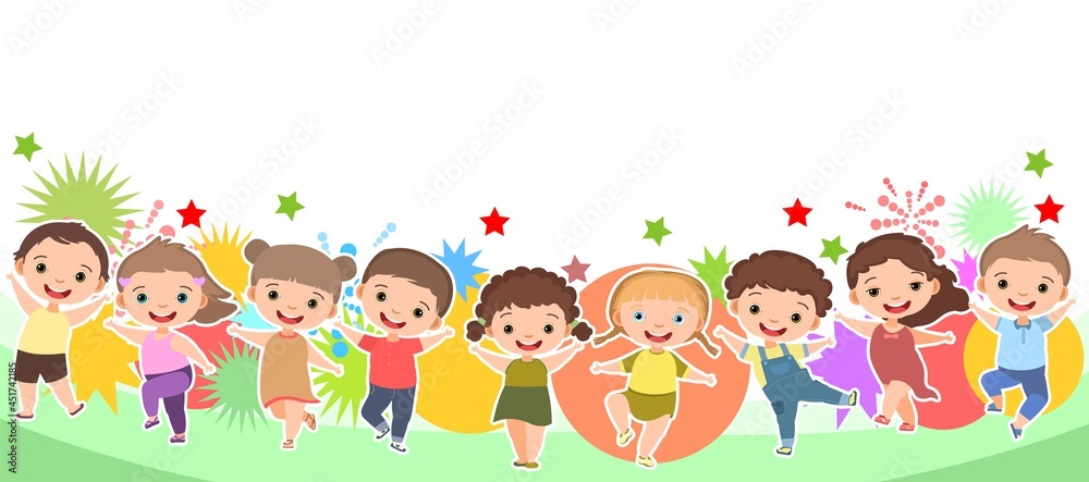 Children dance joy. Happy childhood. Little boys and girls. Kid is jumping for joy at the party. Summer. Cute kid. Cartoon style. Isolated on white background. Vector