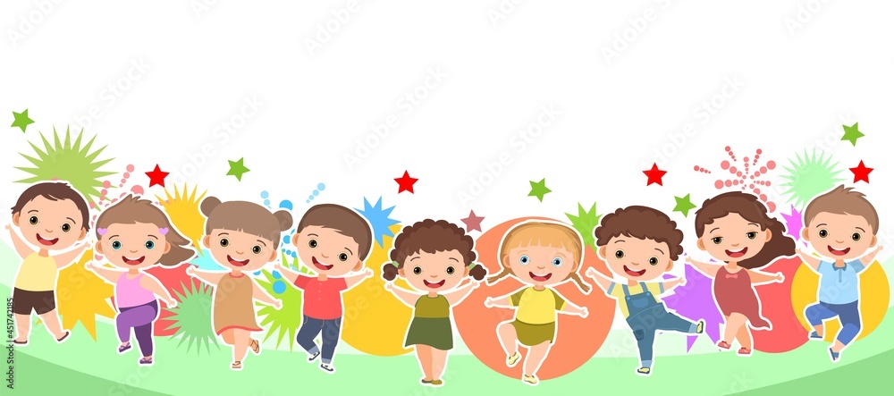 Children dance joy. Happy childhood. Little boys and girls. Kid is jumping for joy at the party. Summer. Cute kid. Cartoon style. Isolated on white background. Vector Children dance joy. Happy childhood. Little boys and girls. Kid is jumping for joy at the party. Summer. Cute kid. Cartoon style. Isolated on white background. Vector