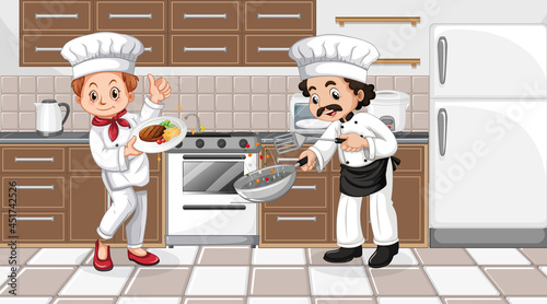 Kitchen scene with two chefs cartoon character