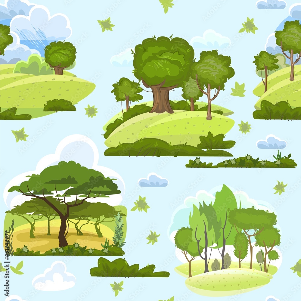 Natural landscape with forest and green trees. Seamless. Beautiful rural country side. Vector