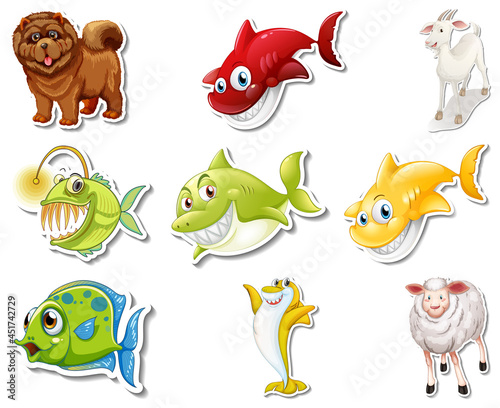 Set of stickers with sea animals and dogs cartoon character