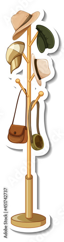 A sticker template of a hanger with many hats and bags