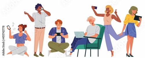 People using gadget with different poses and expressions. Man and women holding a smartphone to texting, read online news, chatting, play games, social media, usability. Flat style vector illustration
