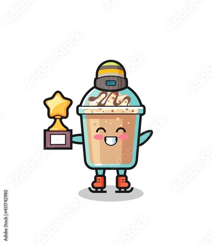 milkshake cartoon as an ice skating player hold winner trophy