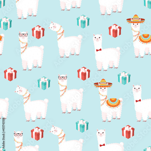 Seamless pattern with funny llamas in a sombrero with gifts on a blue background. Vector illustration suitable for baby texture, textile, fabric, poster, greeting card, decor. Cute alpaca from Peru.