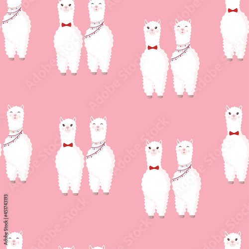 Seamless pattern with llamas in love on a pink background. Vector illustration suitable for baby texture, textile, fabric, poster, Valentines day greeting card, decor. Cute alpaca from Peru.