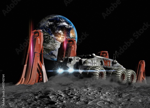 Vehicle next to lunar living pods, illustration photo