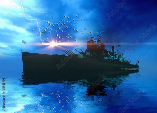 Naval ship swarmed by drones, illustration photo