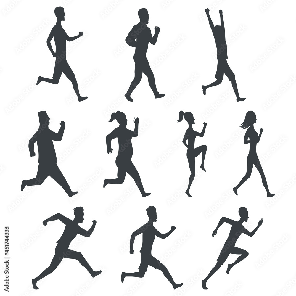 Set of sport movements people silhouette. Active fitness, run, exercise and athletic man and woman variety size. Vector flat side view design in black color.