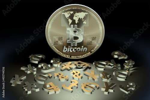 Bitcoin and currency symbols, illustration photo