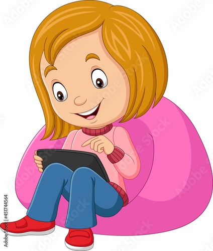 Cartoon happy little girl using tablet on sofa