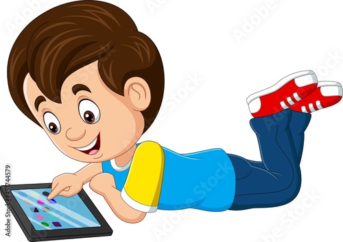 Cartoon happy little boy using tablet