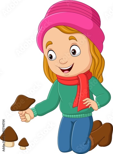 Cartoon little girl holding a mushrooms