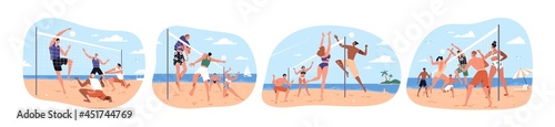 Set of happy people playing beach volleyball on sand in summer. Players in swimsuits throwing ball through net. Team sports game. Flat vector illustration of beachvolley isolated on white background photo