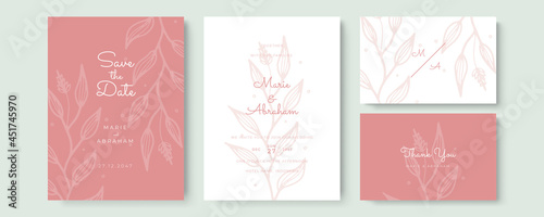 Wedding floral golden invitation card save the date design with pink flowers. Rose gold Wedding Invitation, floral invite thank you, rsvp modern card Design in Hand drawn flower with red berry
