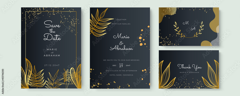 Modern black stripe cover design set with floral and leaves. Luxury creative gold dynamic diagonal line pattern. Formal premium vector background for business brochure, poster, notebook, menu template - obrazy, fototapety, plakaty 