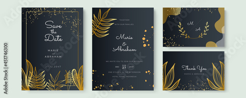 Modern black stripe cover design set with floral and leaves. Luxury creative gold dynamic diagonal line pattern. Formal premium vector background for business brochure, poster, notebook, menu template