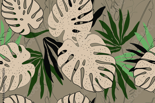 Tropical leaves. Dots.Exotic summer pattern. Creative seamless background. Fashion template for design, clothing, textiles, cards, wallpaper