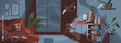 Living room interior at night time. Apartment with furniture, plants and window in dark. Inside cozy home with sofa and sleeping cat. Nighttime livingroom. Colored textured flat vector illustration