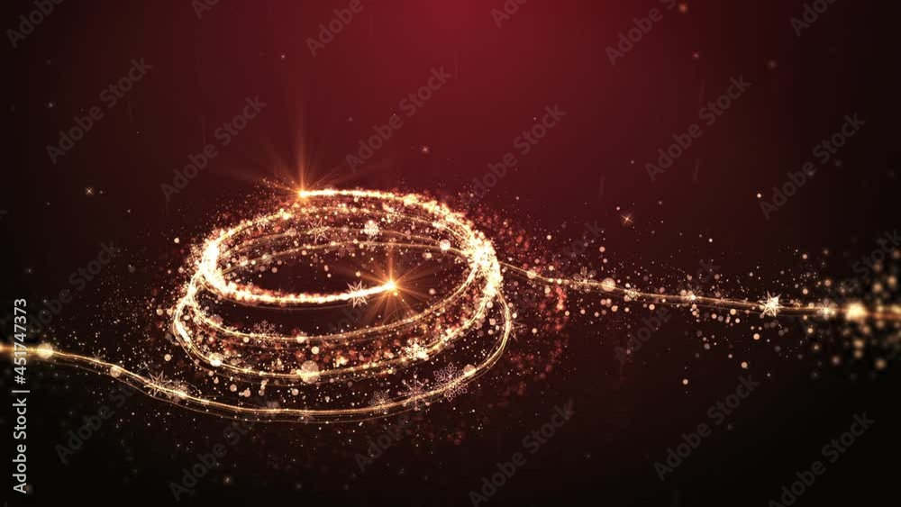 Glowing gold Christmas tree animation with particles lights stars and snowflakes on red. Holiday concept and background 4k