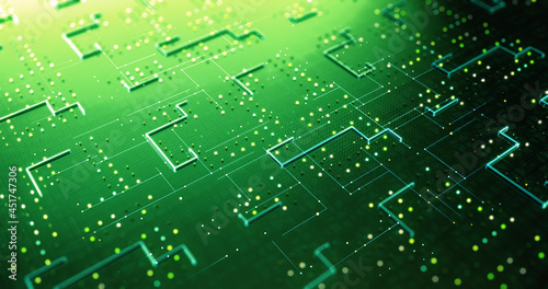 CPU Circuit Technology Background. Data Signals Flowing. Artificial Intelligence. Computer And Technology Related 3D Illustration Render.