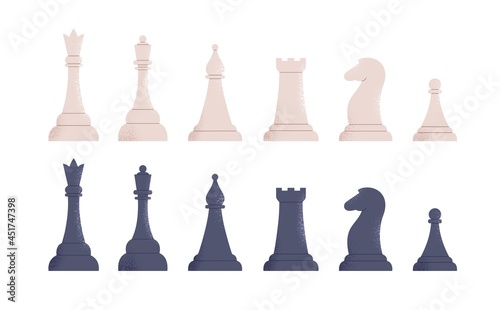 Black and white chess pieces set. Rows of queen  king  bishop  rook  horse and pawn from different teams. Modern figures of boardgame. Chessmen of chessboard. Isolated flat vector illustrations