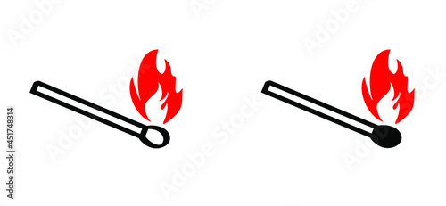 Burning matchstick, lucifer sign. Smoking, fire or flame logo. Burning matches icon. Matches pictogram. Match lighted icon. Funny flat vector cartoon. Red, orange flames