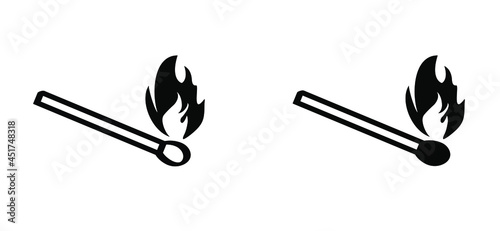 Burning matchstick, lucifer sign. Smoking, fire or flame logo. Burning matches icon. Matches pictogram. Match lighted icon. Funny flat vector cartoon. Red, orange flames