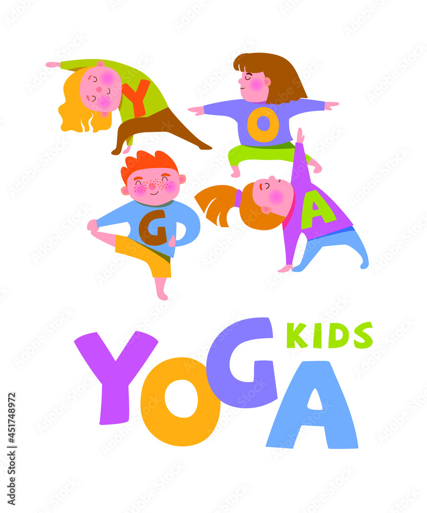 Cute kids doing different yoga asanas. Yoga for children. Poster, postcard.