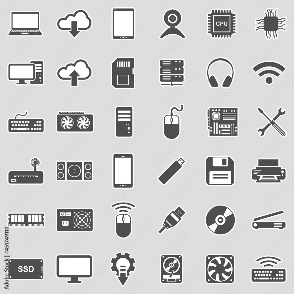 Computer Hardware Icons. Sticker Design. Vector Illustration.