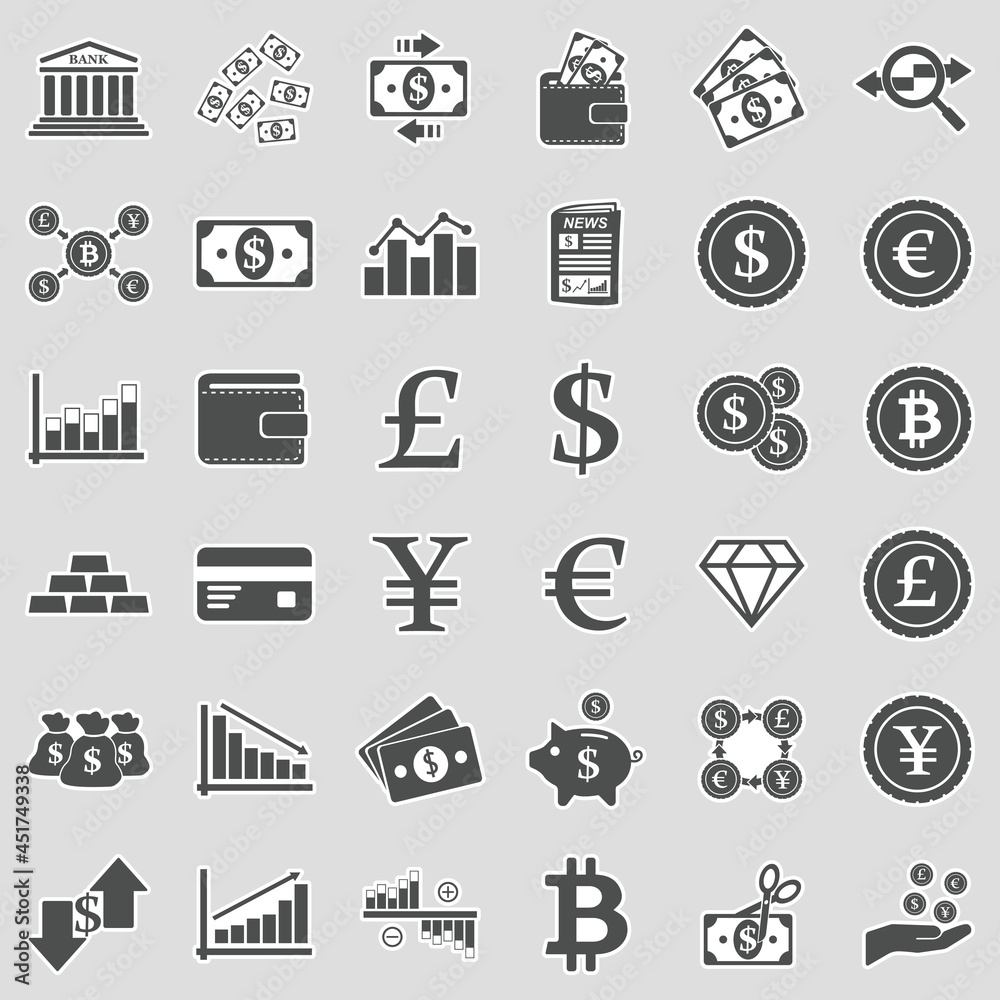 Currency Icons. Sticker Design. Vector Illustration.