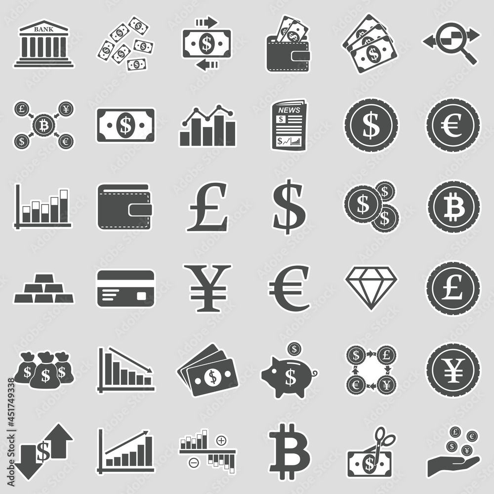 Currency Icons. Sticker Design. Vector Illustration. Currency Icons. Sticker Design. Vector Illustration.