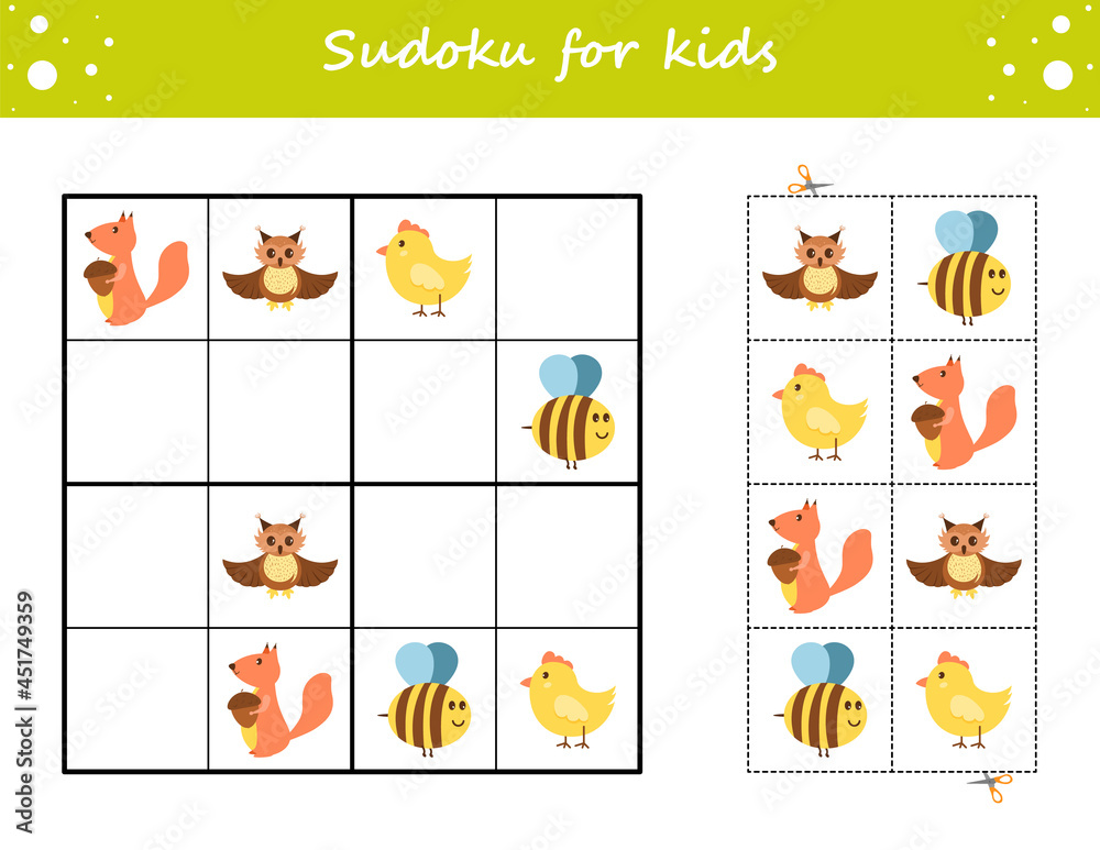 Sudoku for kids. Education developing worksheet. Activity page with pictures. Puzzle game for children. Set animals. Funny character.
