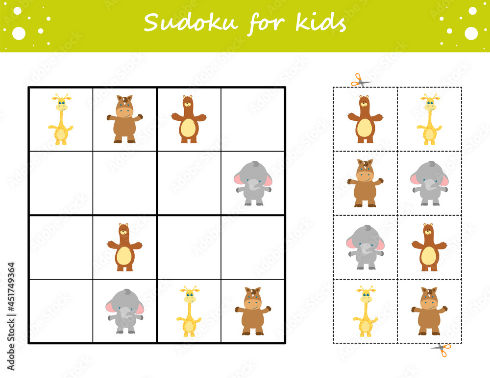 Sudoku for kids. Education developing worksheet. Activity page with pictures. Puzzle game for children. Set animals. Funny character.