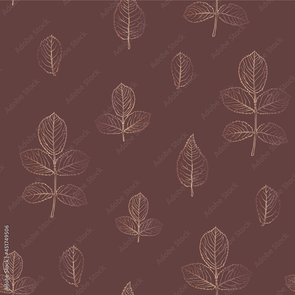 Luxury Seamless Pattern with Golden line Hand Drawn Leaves. Vector Illustration.