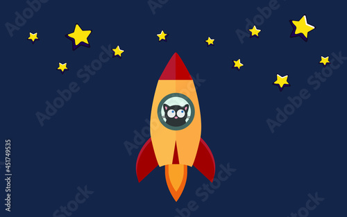 Cartoon rocket, star and cat on a space background, vector illustration. Simple flying spaceship drawing.