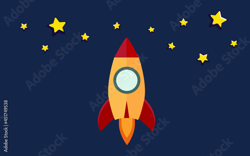 Cartoon rocket and star on a space background, vector illustration. Simple flying spaceship drawing.