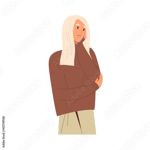 Sad pensive person thinking about problem. Confused thoughtful woman with trouble and difficulty. Upset uncertain puzzled human with worried face. Flat vector illustration isolated on white background