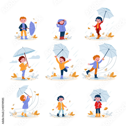 Cute smiling kids with umbrellas in rubber boots in the rain. Set of vector illustrations in flat cartoon style.