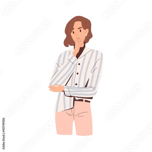 Pensive person thinking and solving problems. Serious thoughtful woman with hand on chin. Portrait of worried questioned unsure female pondering. Flat vector illustration isolated on white background