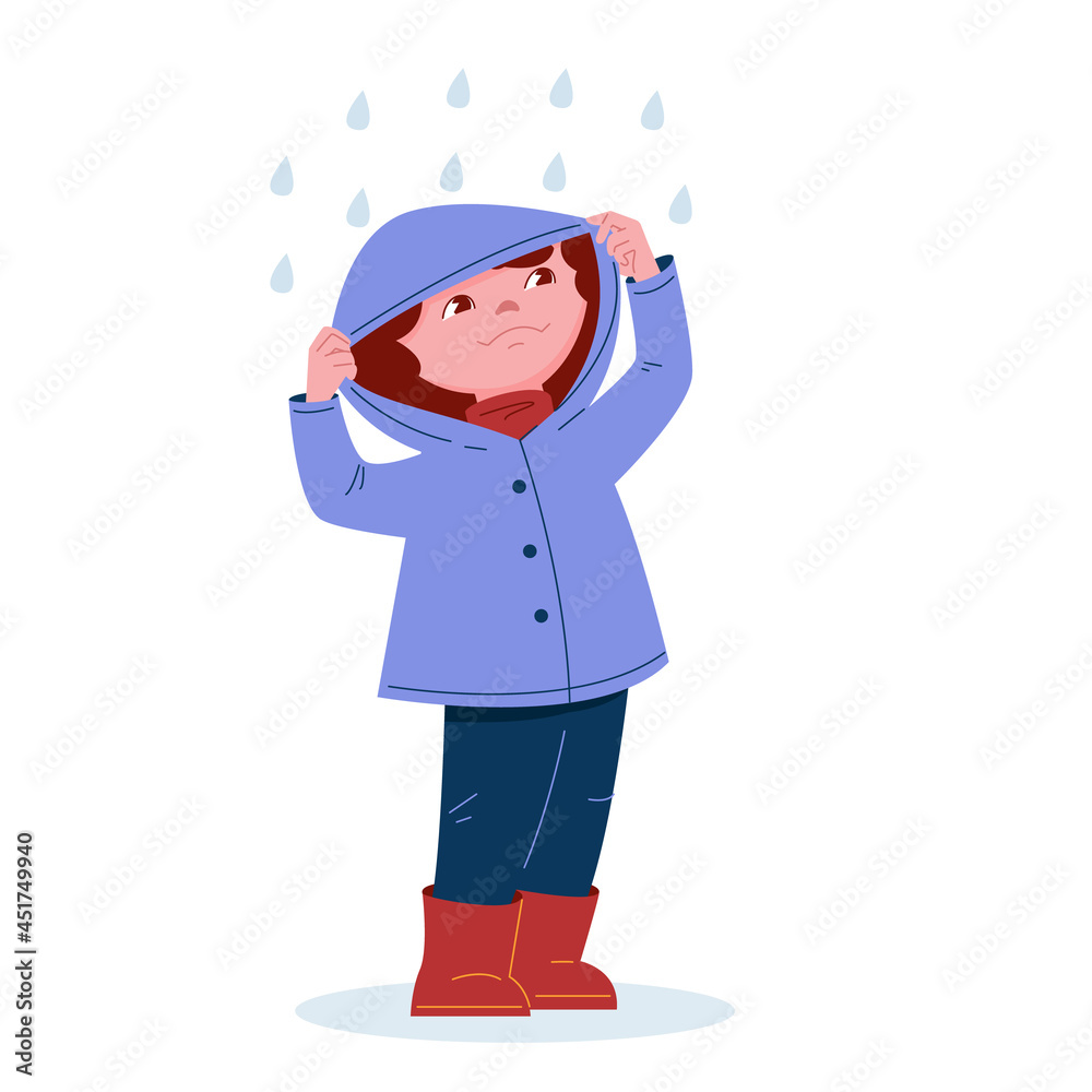 Cute little girl in a raincoat with a hood in rubber boots in the rain. Vector illustration in cartoon style.