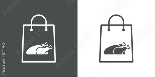 Comida para llevar. Logotipo con silueta de pavo o pollo asado en bolsa de la compra en fondo gris y fondo blanco