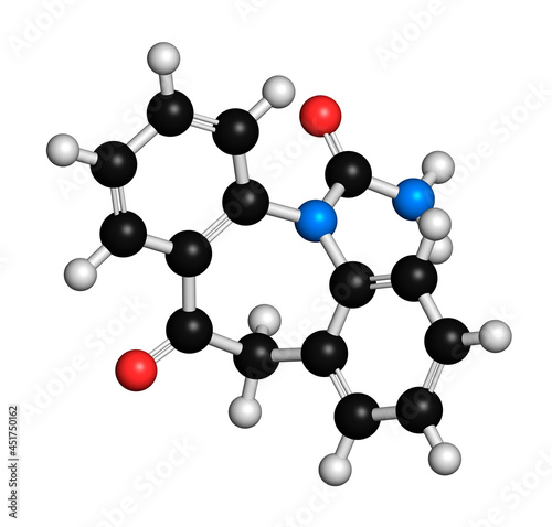 Oxcarbazepine epilepsy drug molecule, illustration photo