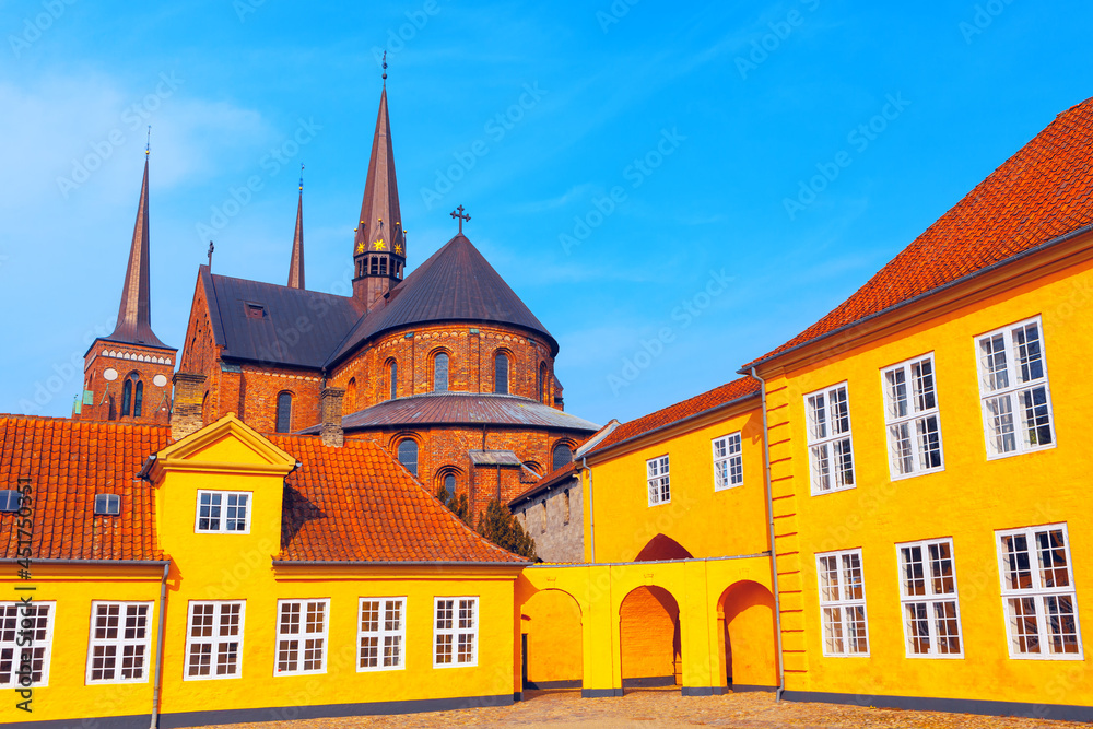 Bishops yard of Roskilde cathedral in Denmark . Scandinavian medieval architecture 