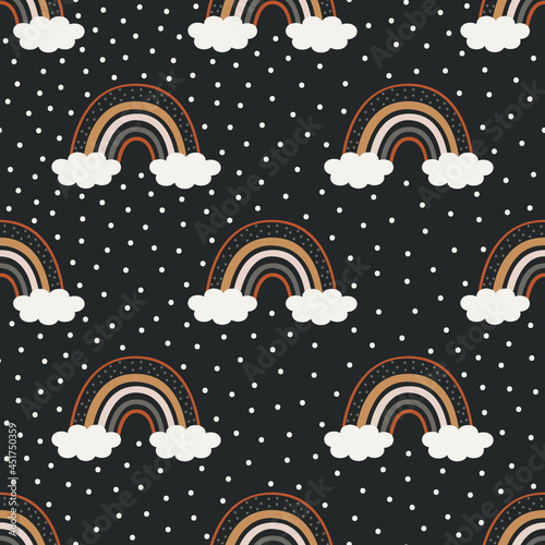 Seamless pattern with rainbows and clouds on black background.