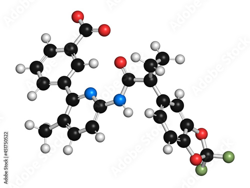 Lumacaftor cystic fibrosis drug molecule, illustration photo