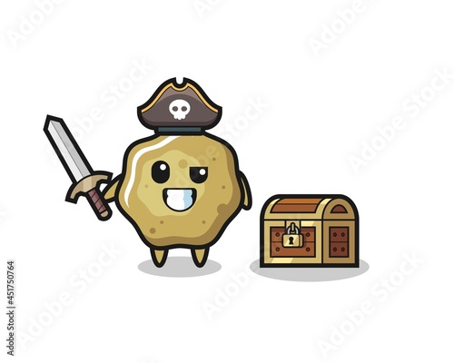 the loose stools pirate character holding sword beside a treasure box