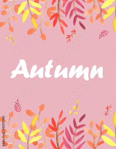 Colorful autumn leaves on pink background